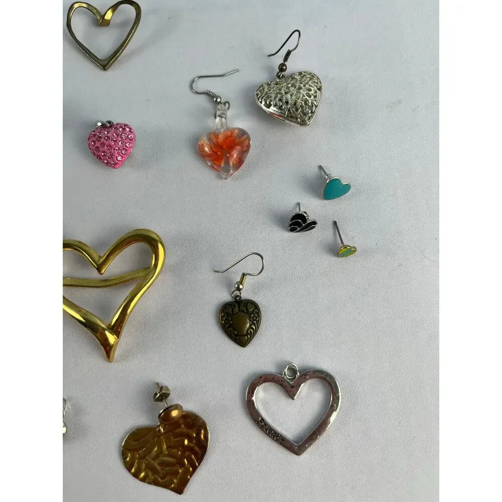 Y2K VTG and Modern Heart Jewelry Lot Rhinestone Pendants Earrings Brooches Craft